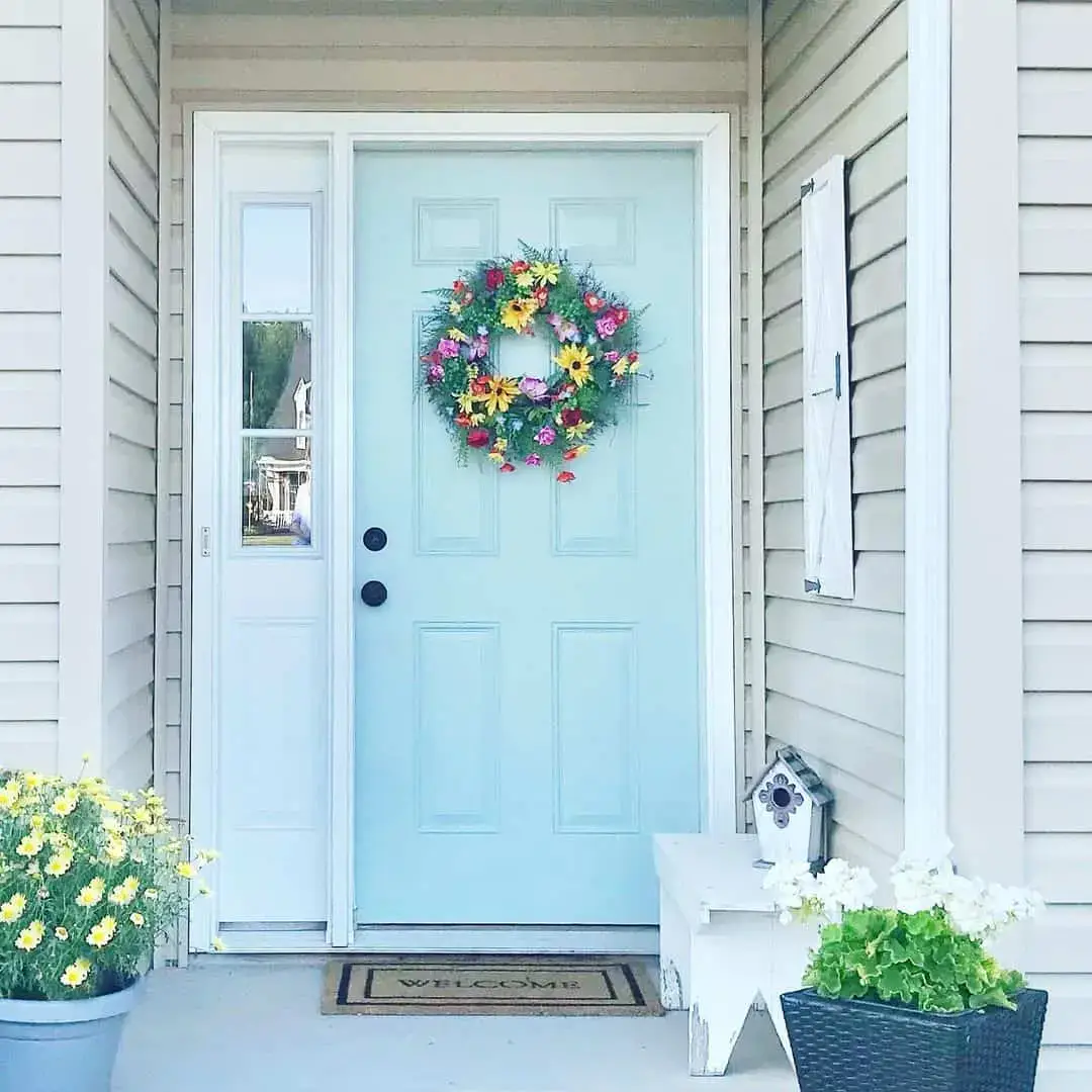 Sunflower Wreath Adds Sunshine to a Soft Blue Door