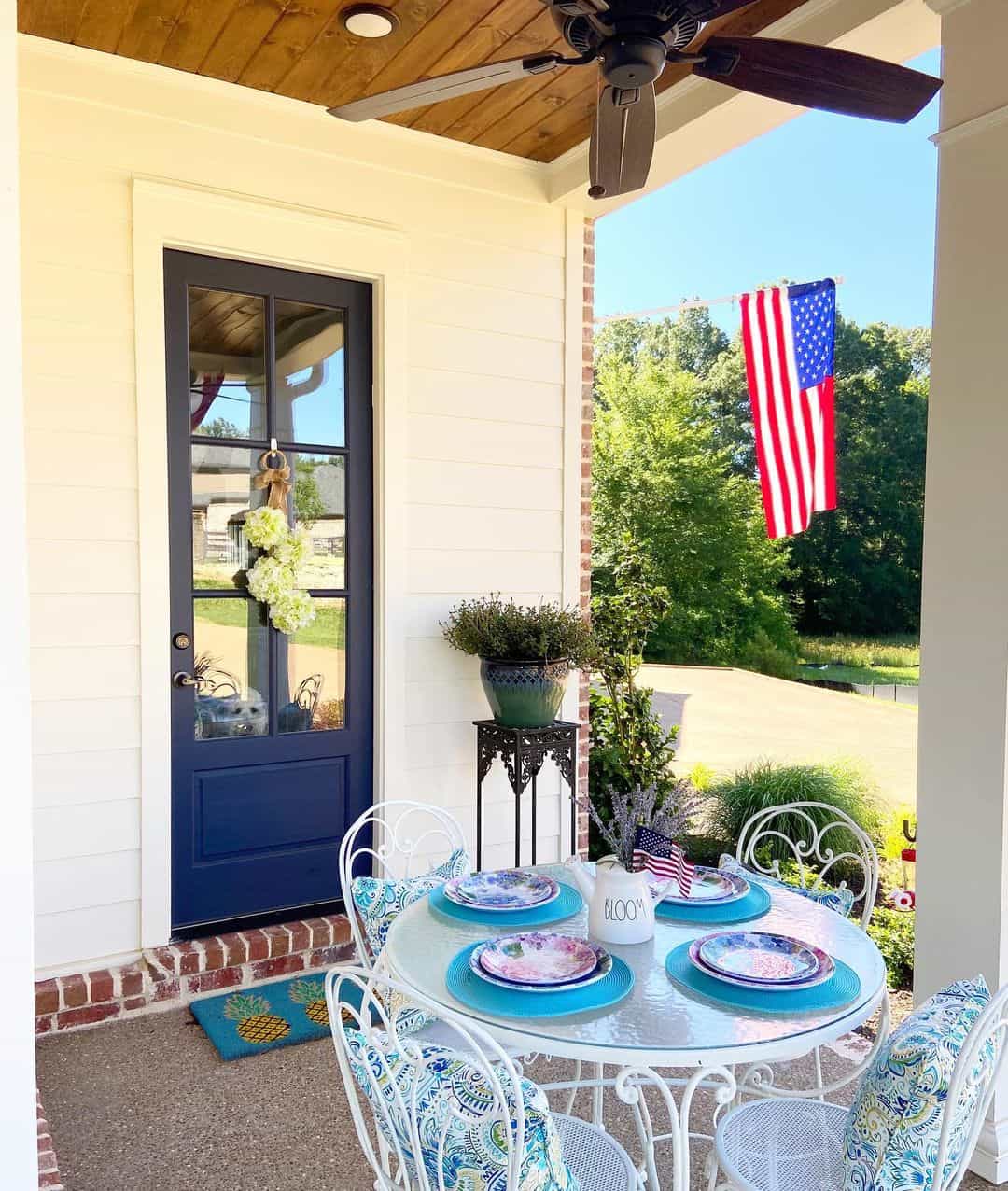 Porch Dining Set with Blue and White Accents