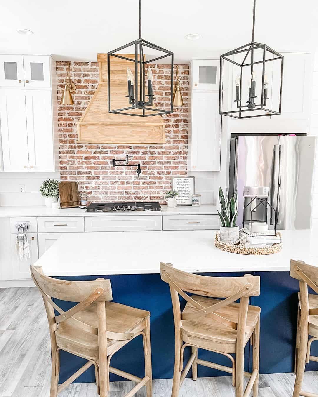 Deep Blue Island Paired With Natural Wood Bar Stools