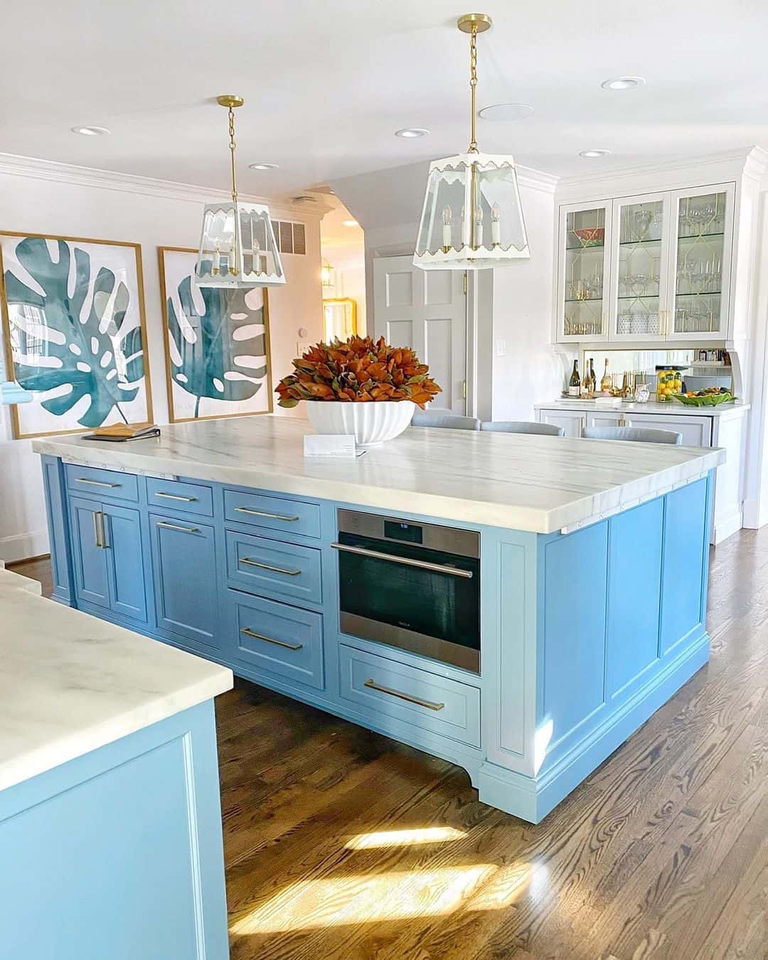 Light Blue Island with Integrated Oven and Marble Slab