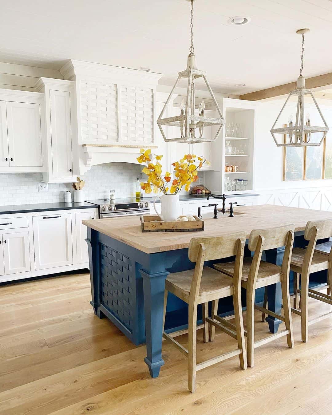 Bold Blue Island with Woven Panels and Butcher Block Top