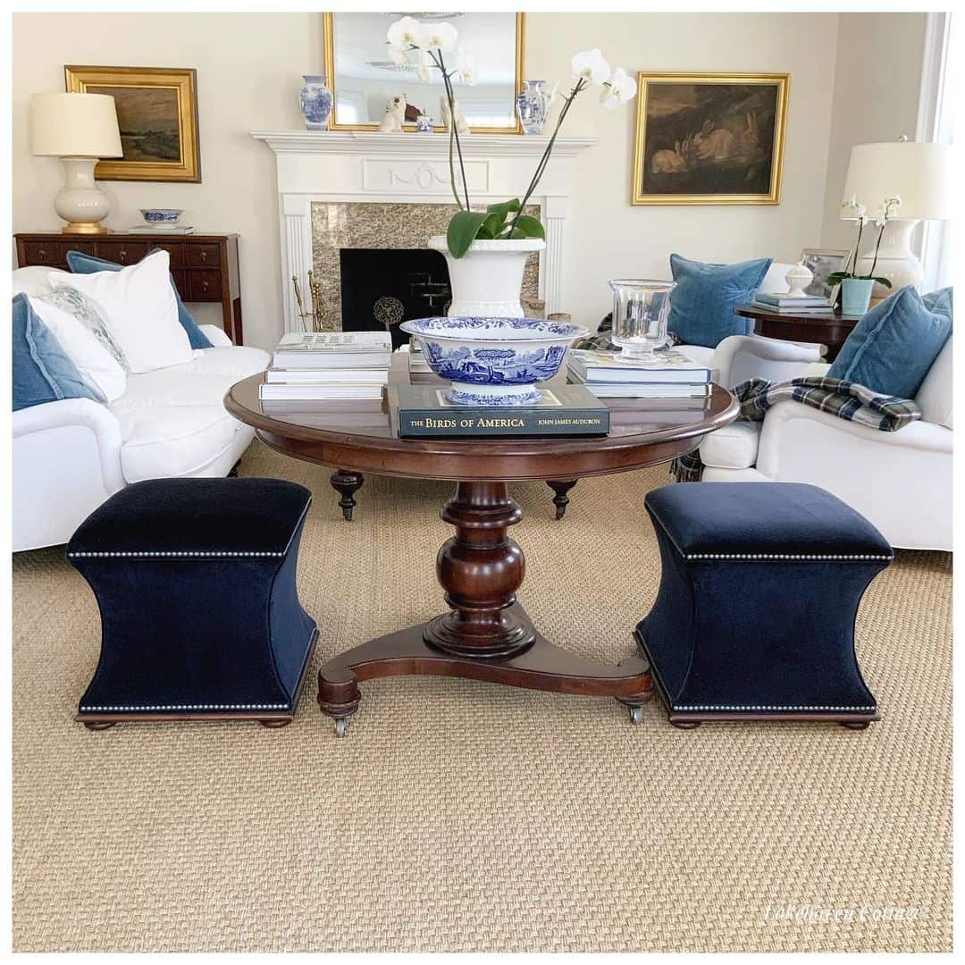Deep Blue Velvet Ottomans Offer Tailored Seating