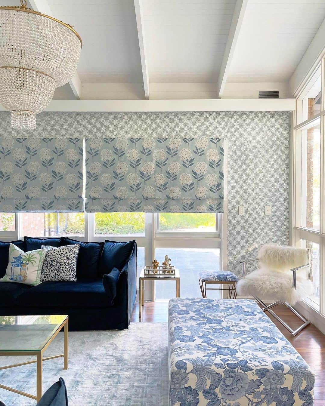 Layer Blue Floral Patterns for a Rich Window Seat