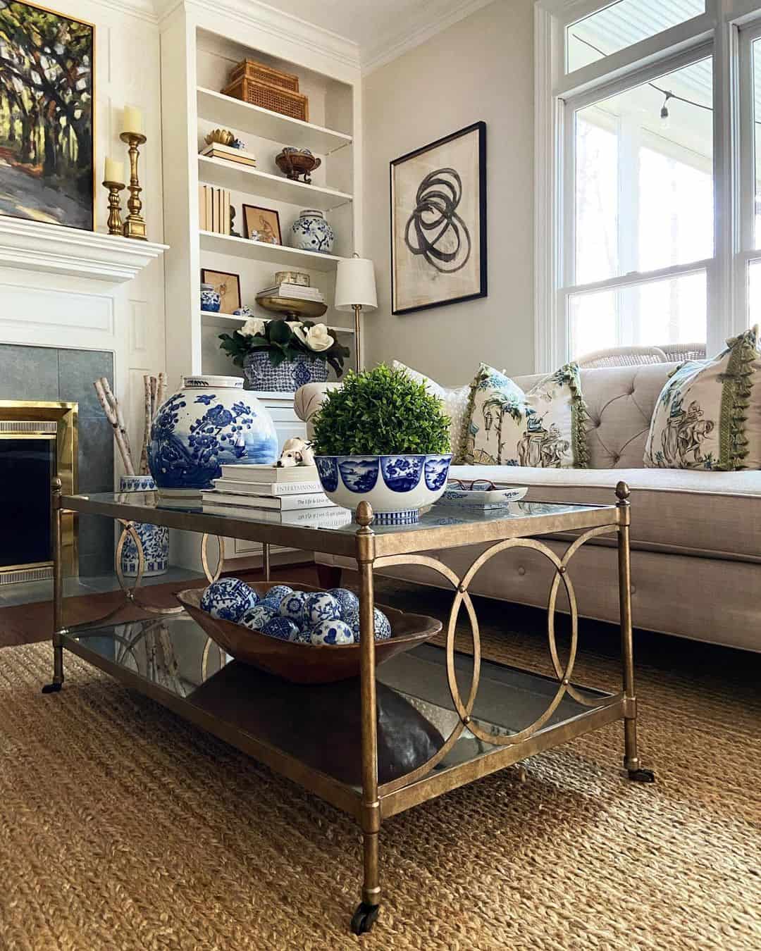 Blue and White Jars Frame a Green Plant