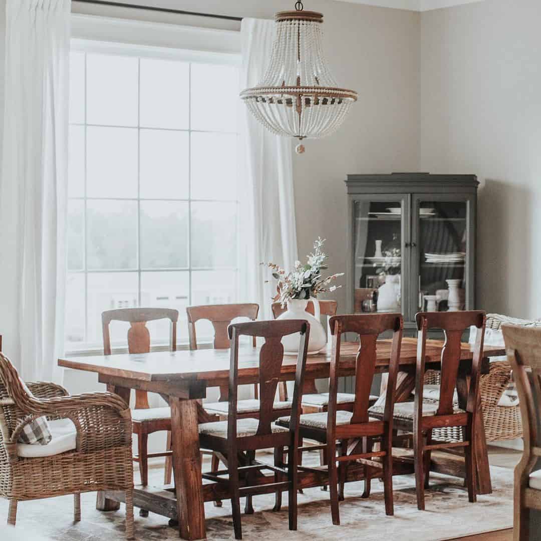 Tiered Beaded Chandelier Over Rustic Table