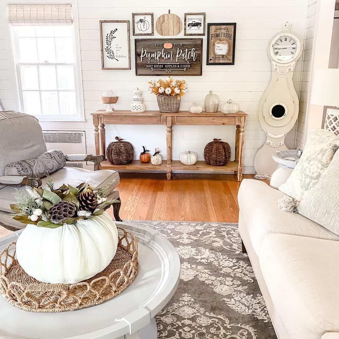 Gallery Wall of Fall Artwork Above Console