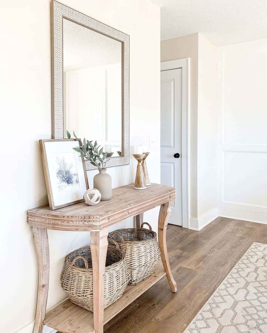 Distressed Wood Console with Woven Baskets