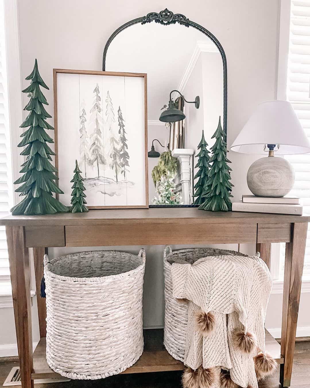 Green Tree Figurines Framing Winter Artwork