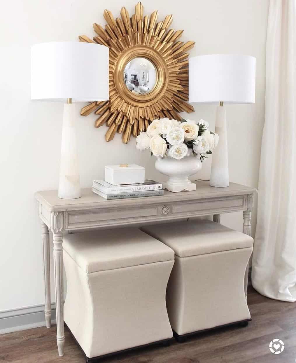 Sunburst Mirror with Symmetrical Lamps and Florals
