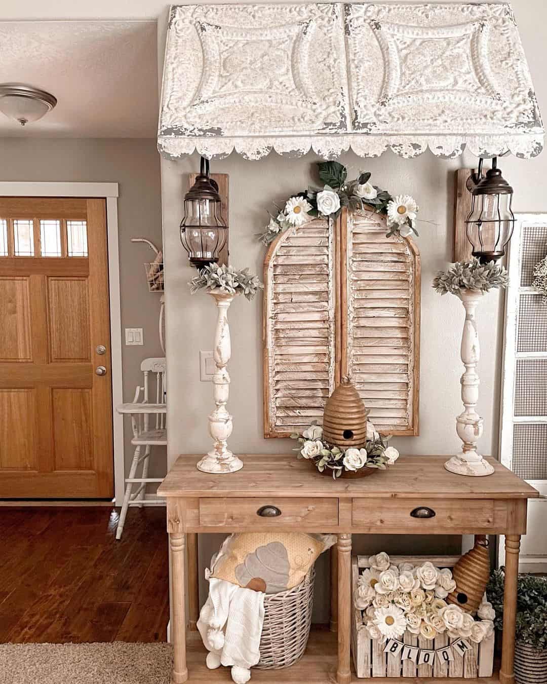 Distressed Shutters Framing a Beehive Accent