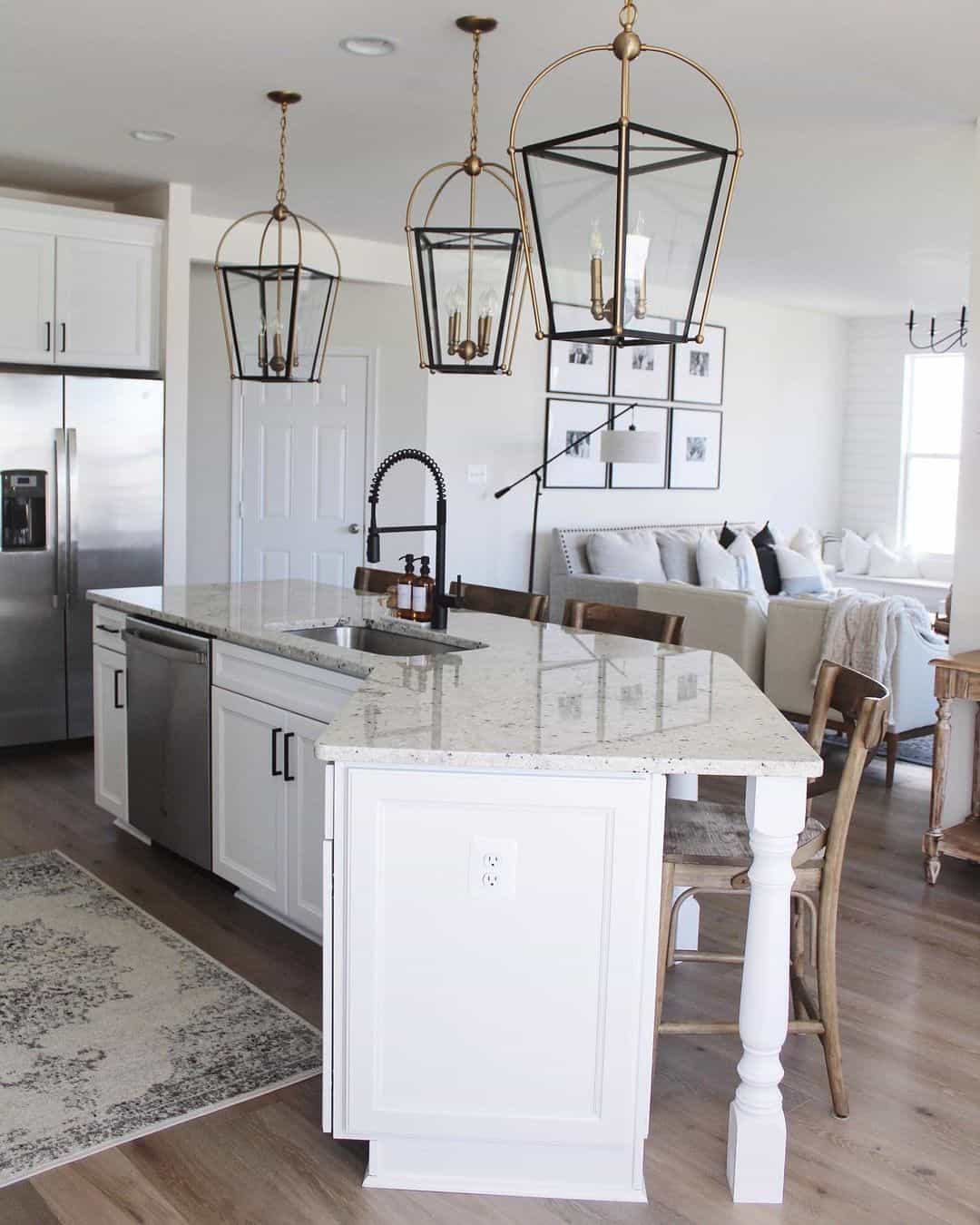 Lantern Pendants Add Architectural Interest Above Curved Island