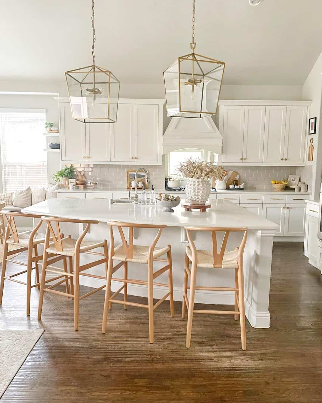 Natural Wood Stools Add Warmth to White Island Seating