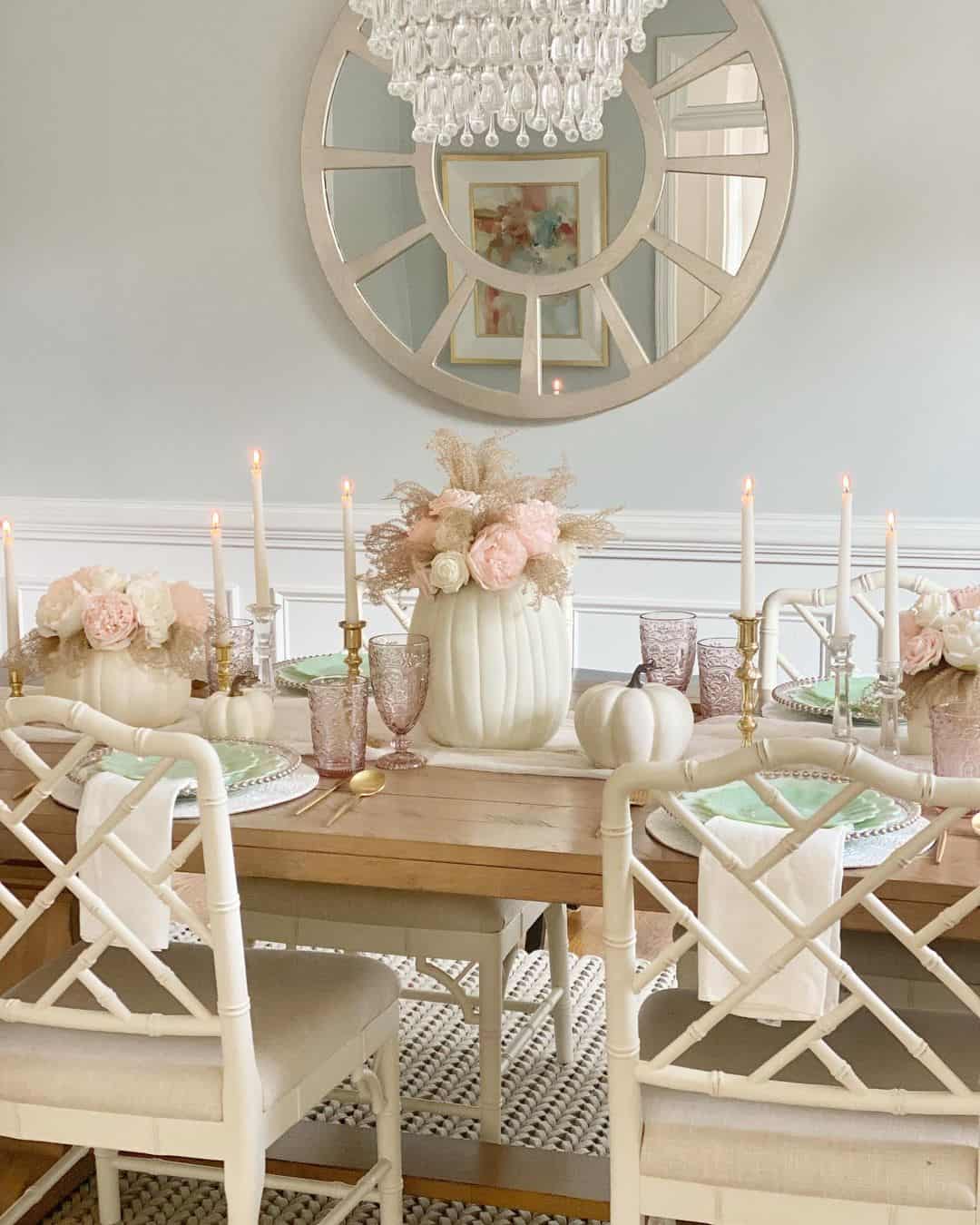 White Ceramic Pumpkins as Vases for Soft Florals