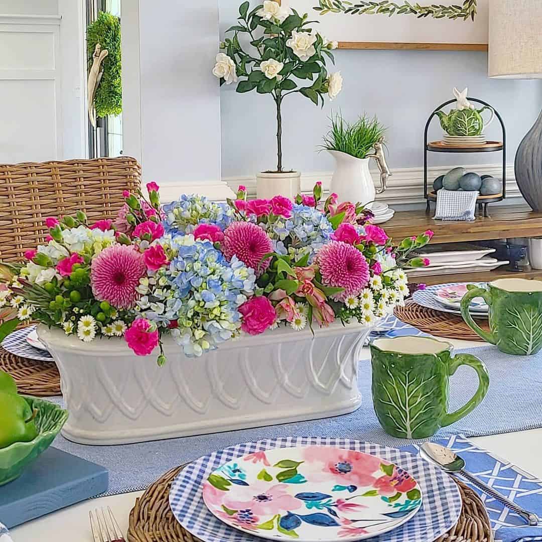 White Trough Planter with Full Floral Arrangement