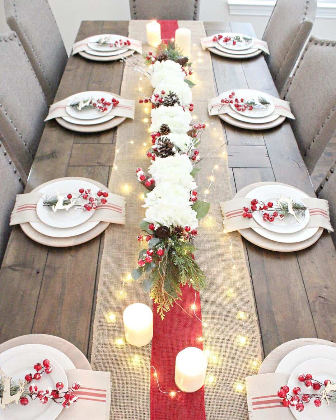 Burlap Runner with Red Ribbon and Twinkling Lights