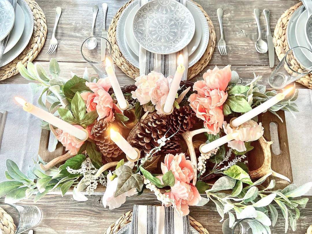 Antlers and Taper Candles in a Rustic Tray