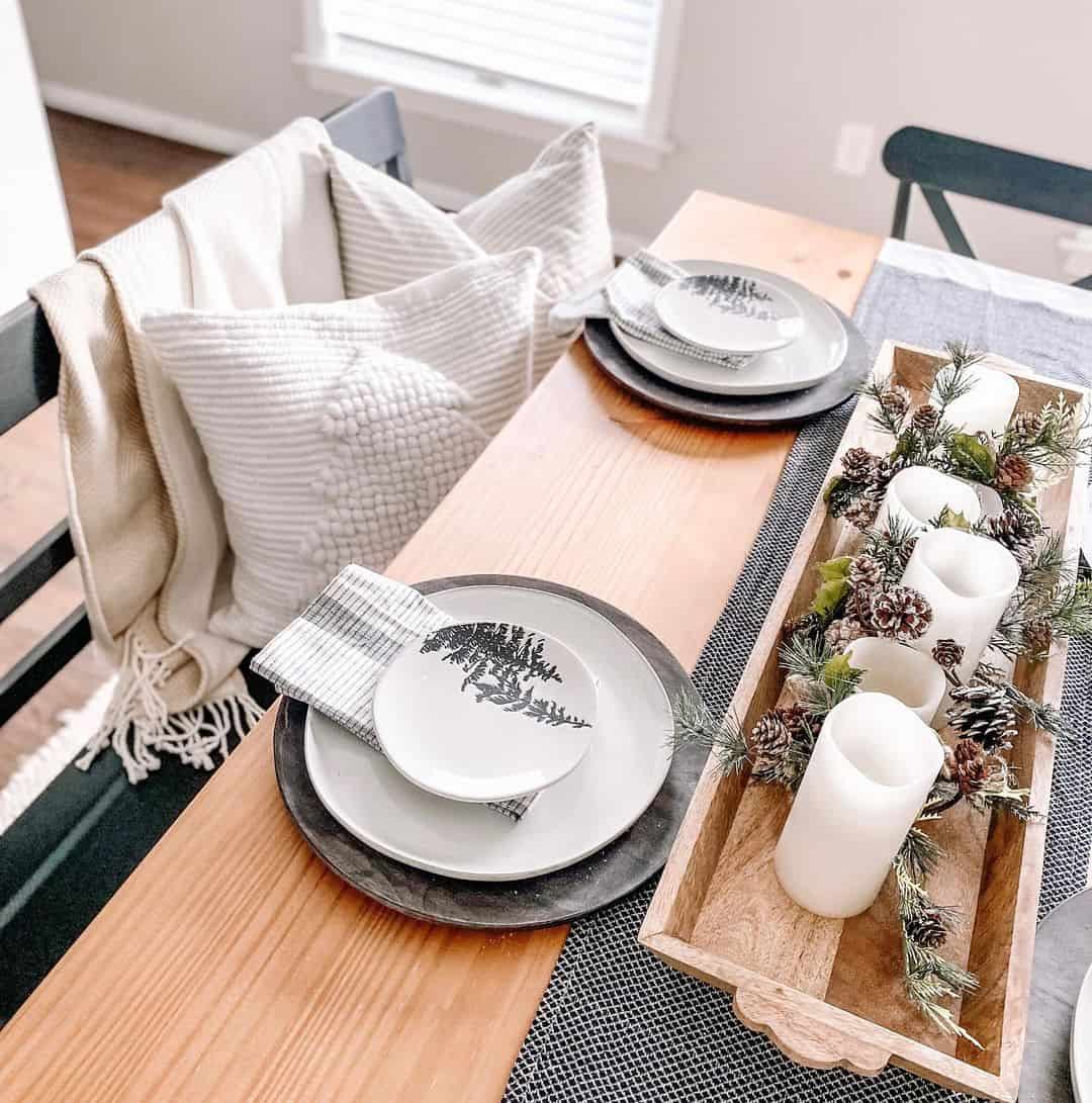 Wooden Tray with Pinecones and Candles Creates a Rustic Centerpiece