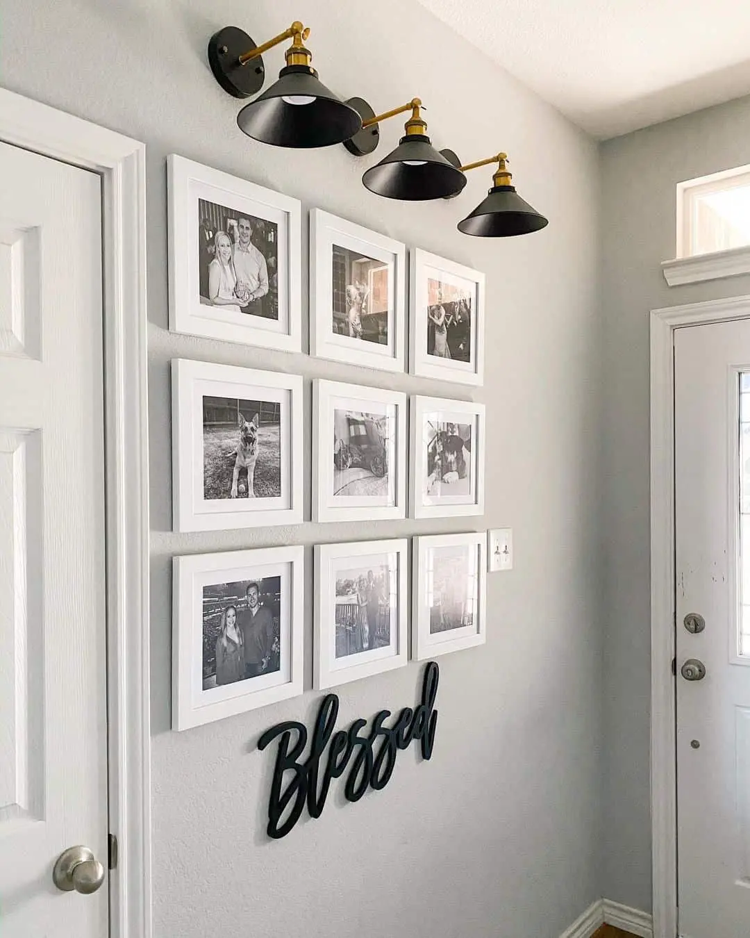 Three-Light Sconce Illuminates a Grid of Photos