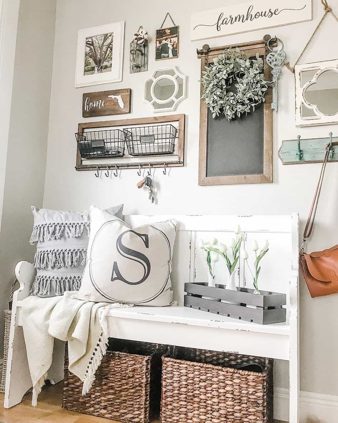 Layered Wire Baskets and Hooks Organize Entryway Wall
