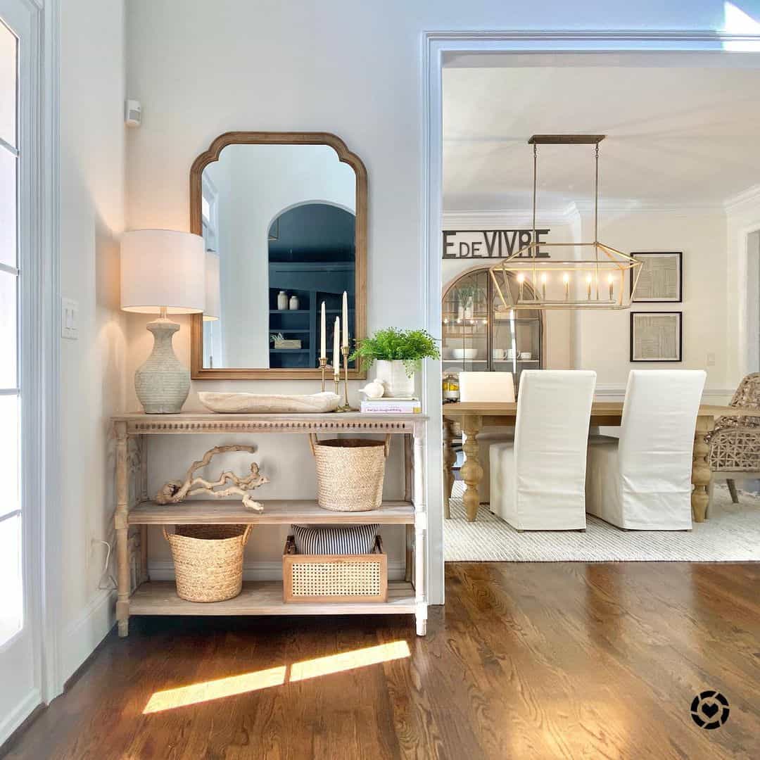 Textured Console Display: Wood-Framed Arched Mirror