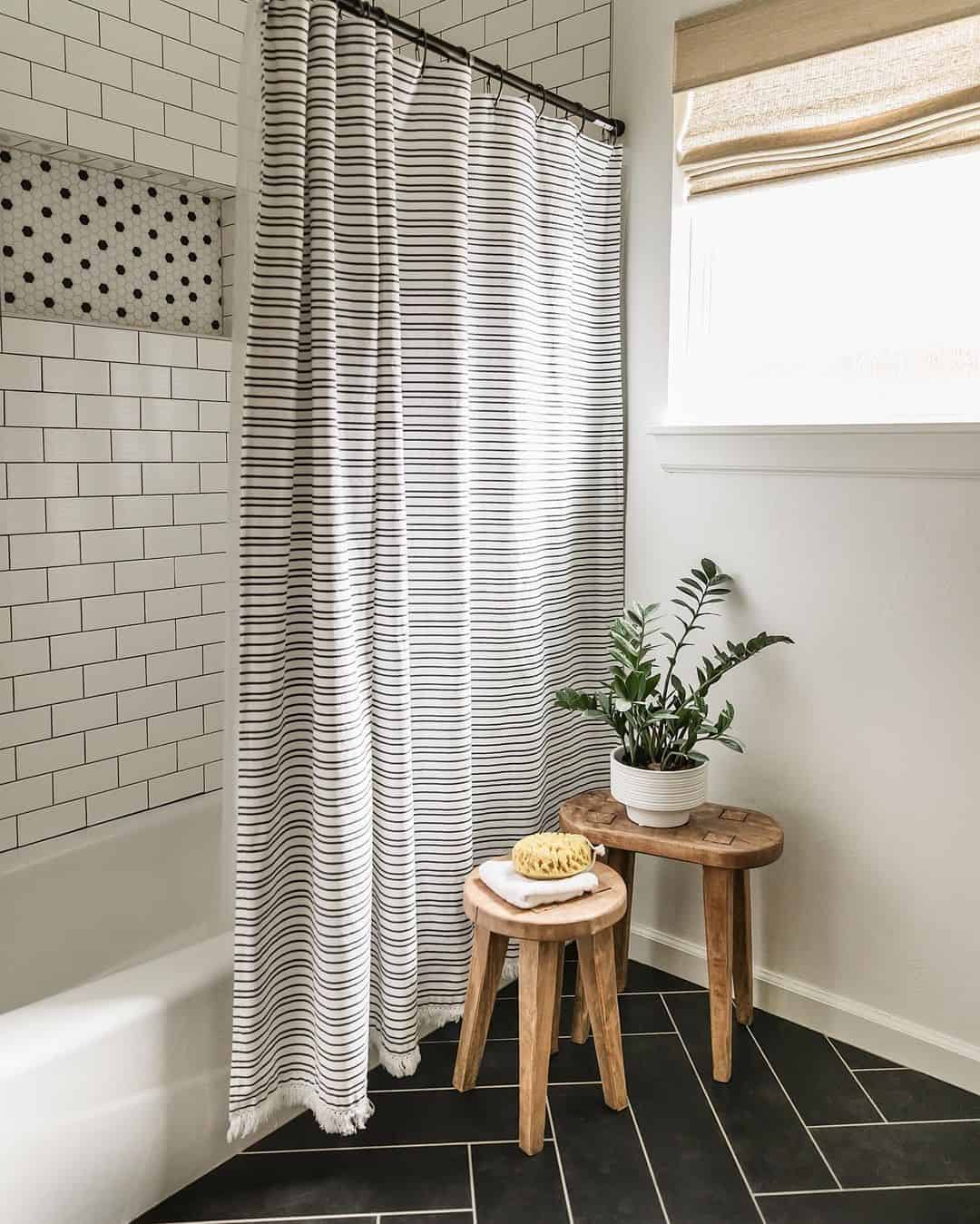Striped Shower Curtain Adds Pattern to Farmhouse Bathroom