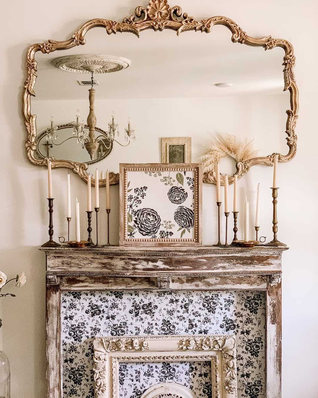 Ornate Gold Mirror Reflects Vintage Chandelier and Mantel Decor