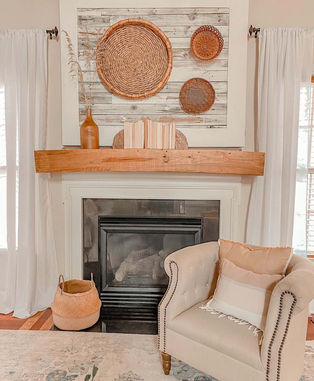Woven Wall Baskets Add Natural Texture Above a Wooden Mantel