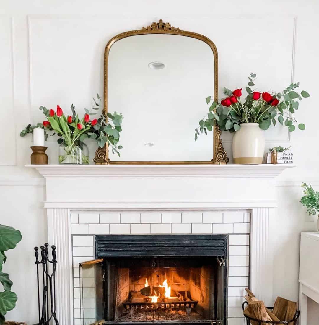 Anchor Your Mantel with a Grand Arch Mirror and Bold Florals