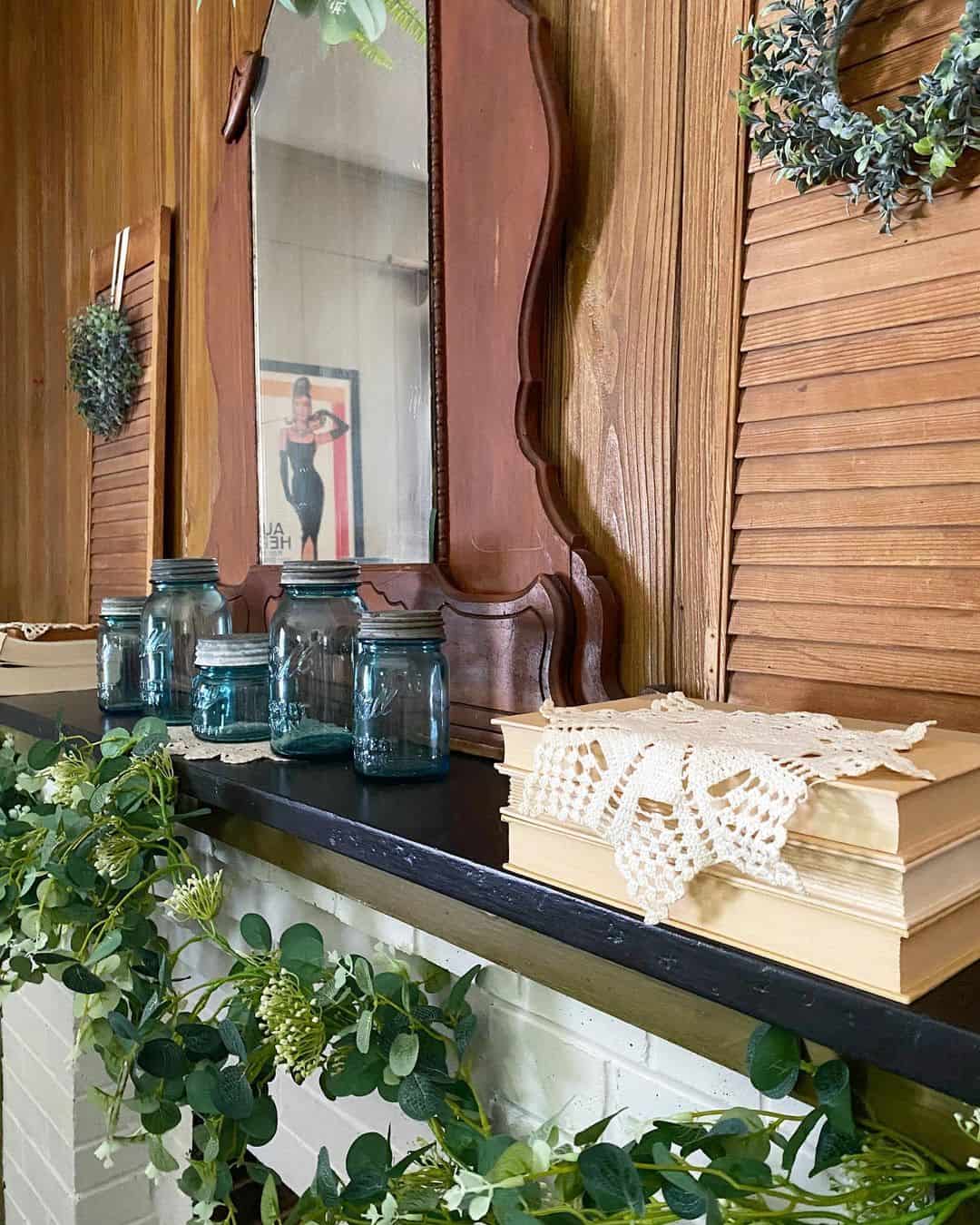 Blue Mason Jars Add Vintage Charm to Mantel