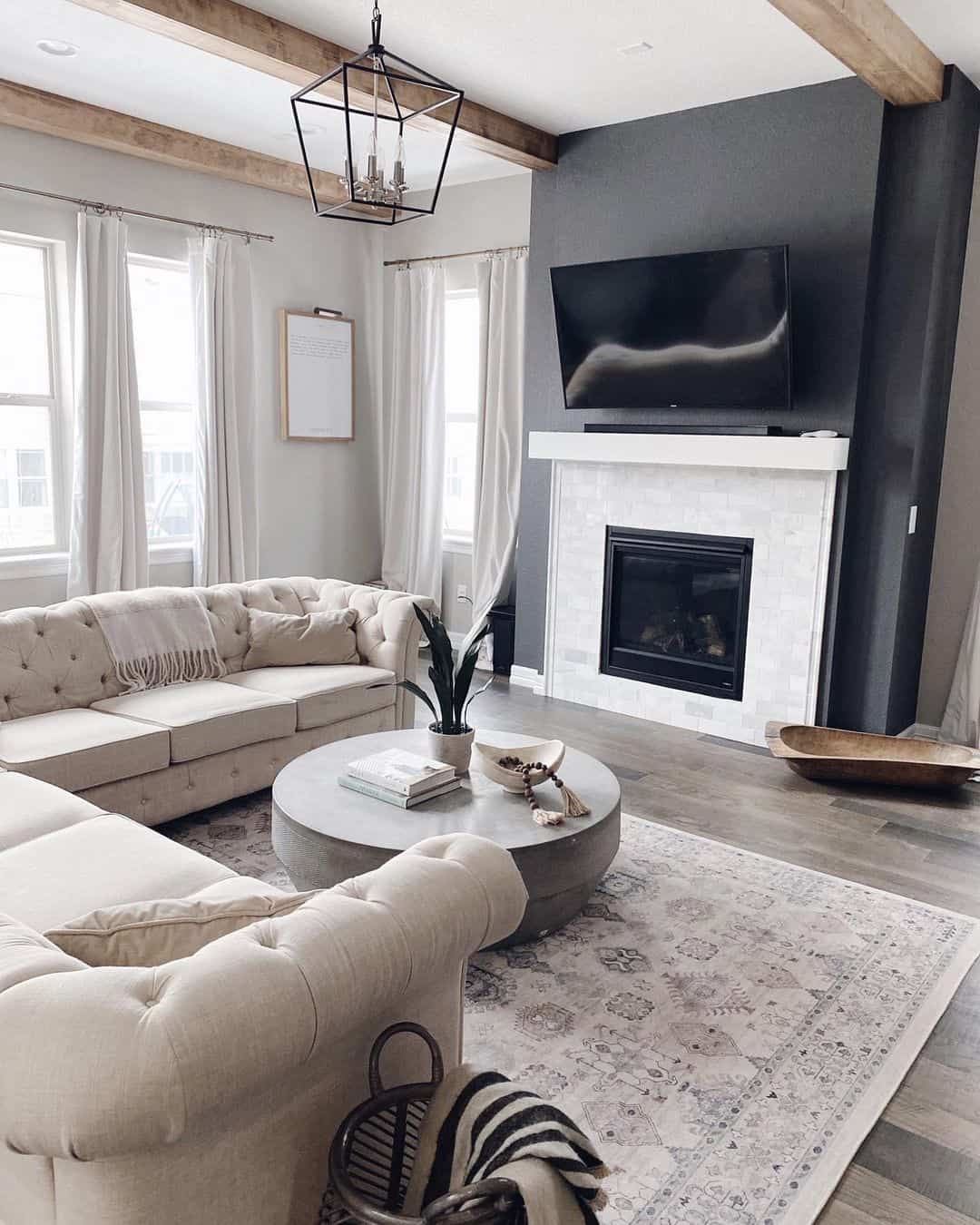 Dramatic Dark Gray Wall Showcases Tiled Fireplace and TV