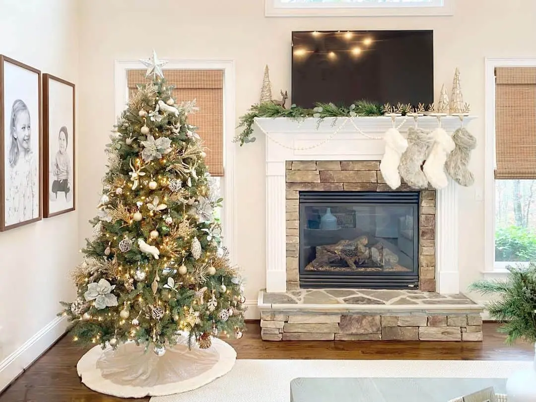 Layered Stone Fireplace and TV Wall with Festive Stockings