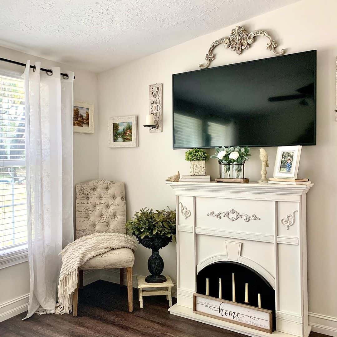 Ornate Archway Enhances TV Mount Above Fireplace