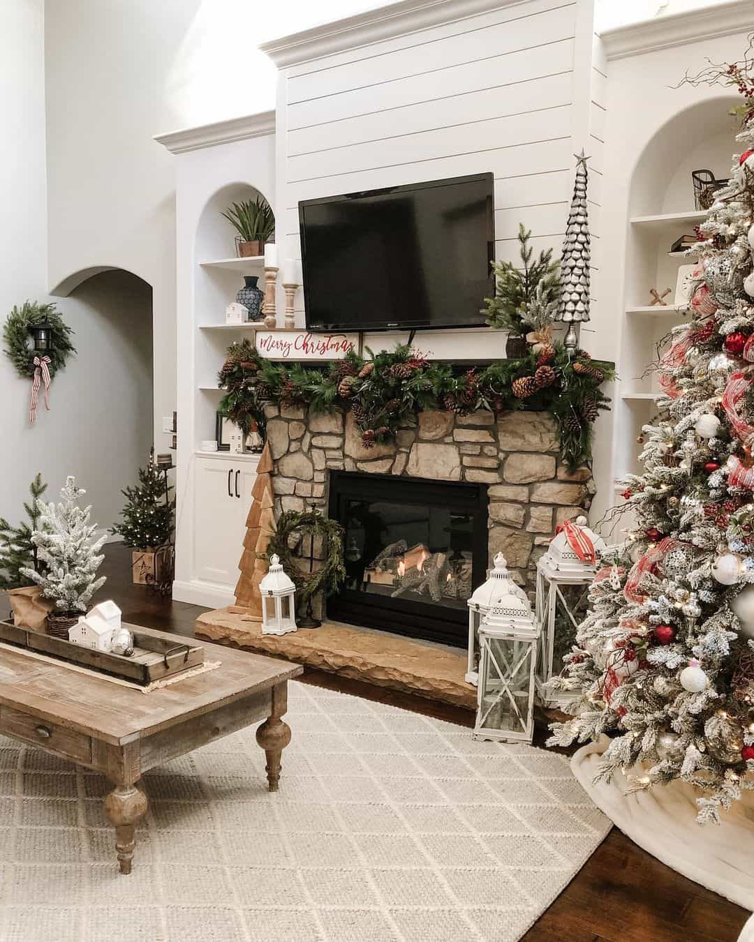 Shiplap Wall Accents TV Mount Above Stone Fireplace