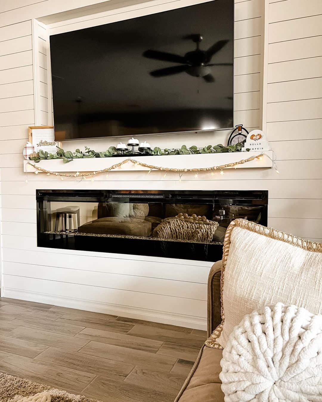 Shiplap Wall and Layered Mantel for Festive Decor