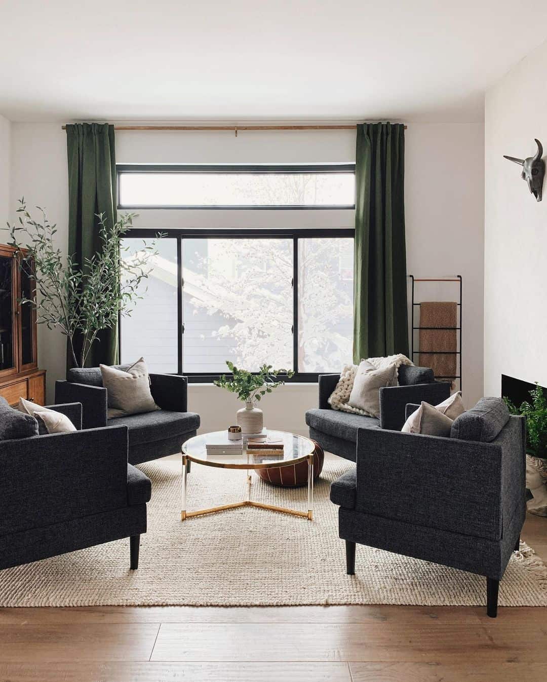 Deep Green Curtains Frame Large Picture Window