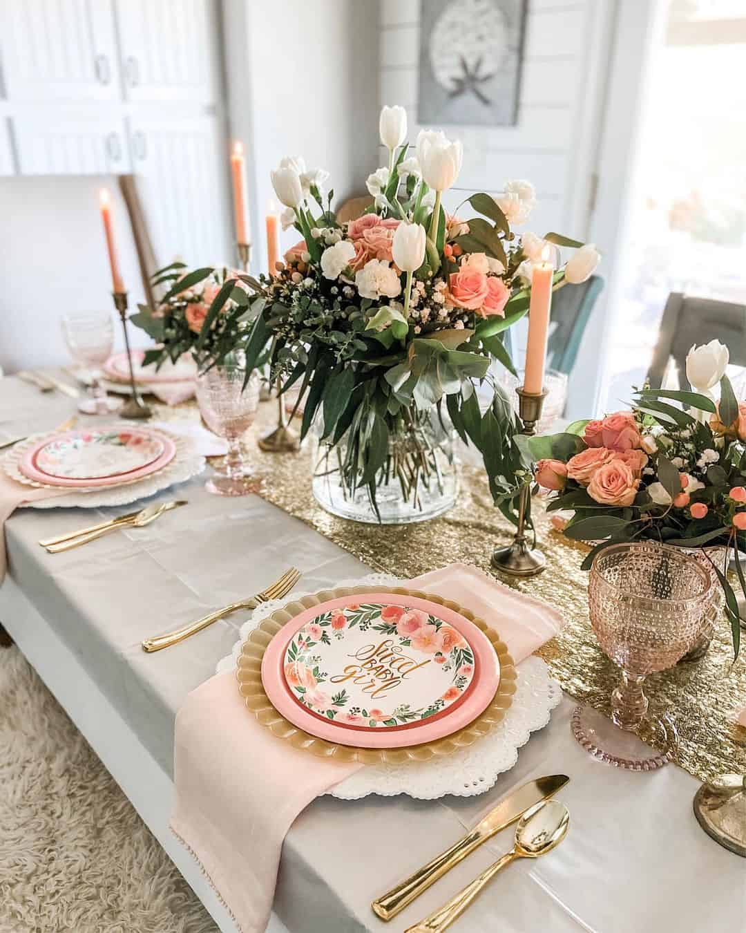 Gold Sequin Runner Grounds Pink and White Floral Centerpieces