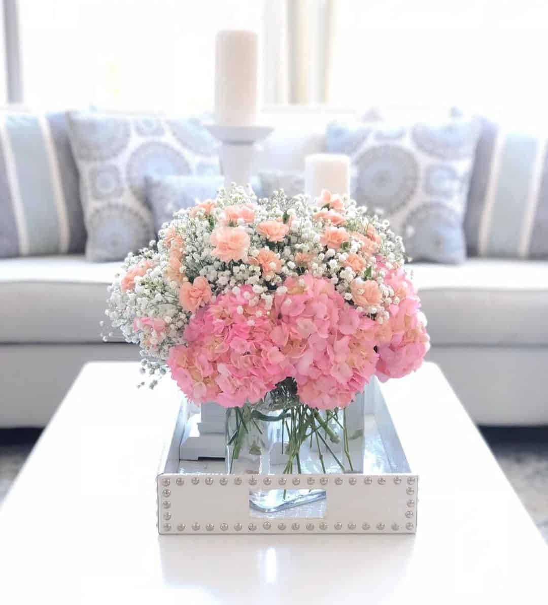 Glass Vase with Hydrangeas and Baby's Breath