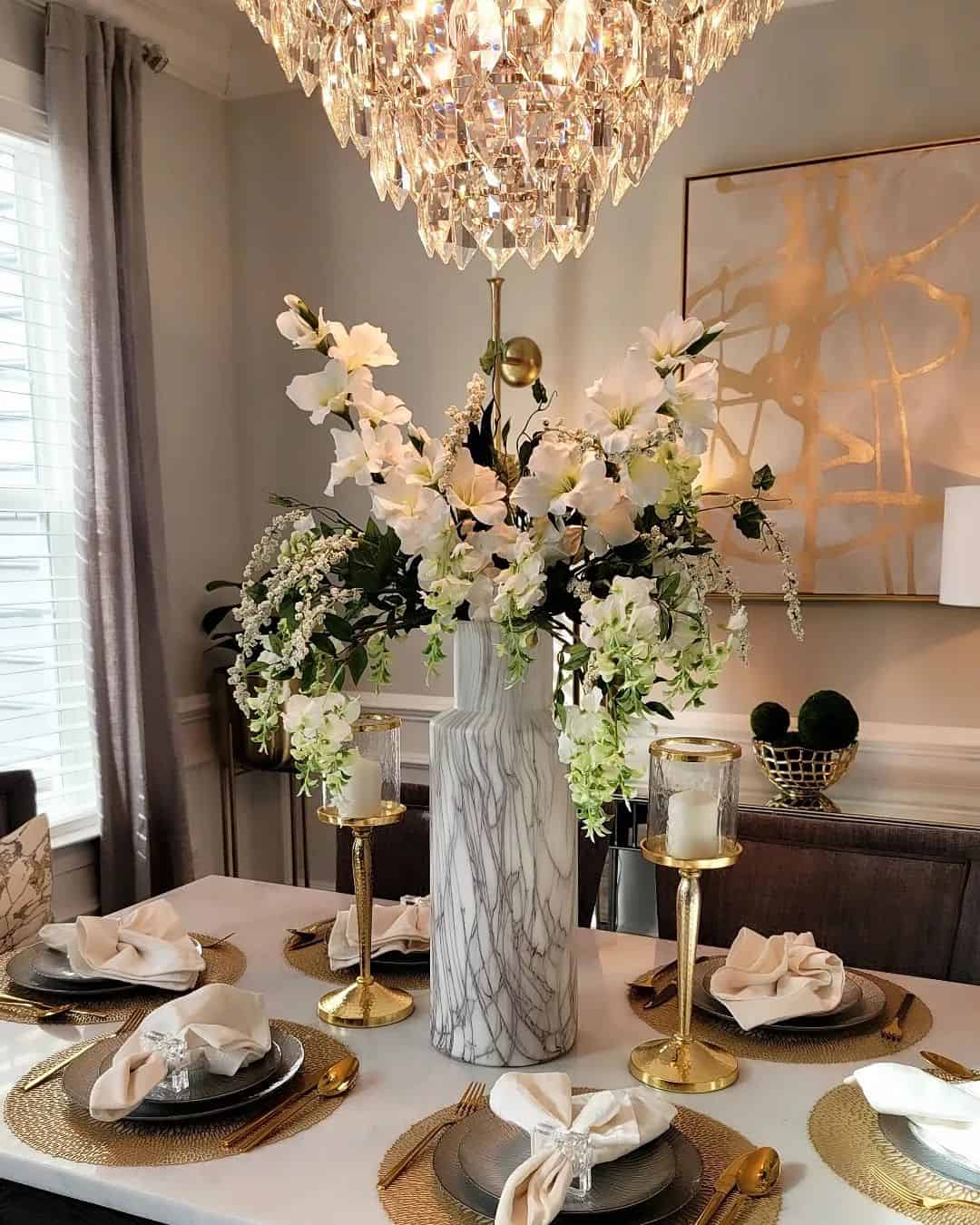 Tall Marble Vase Holds Cascading White Blooms