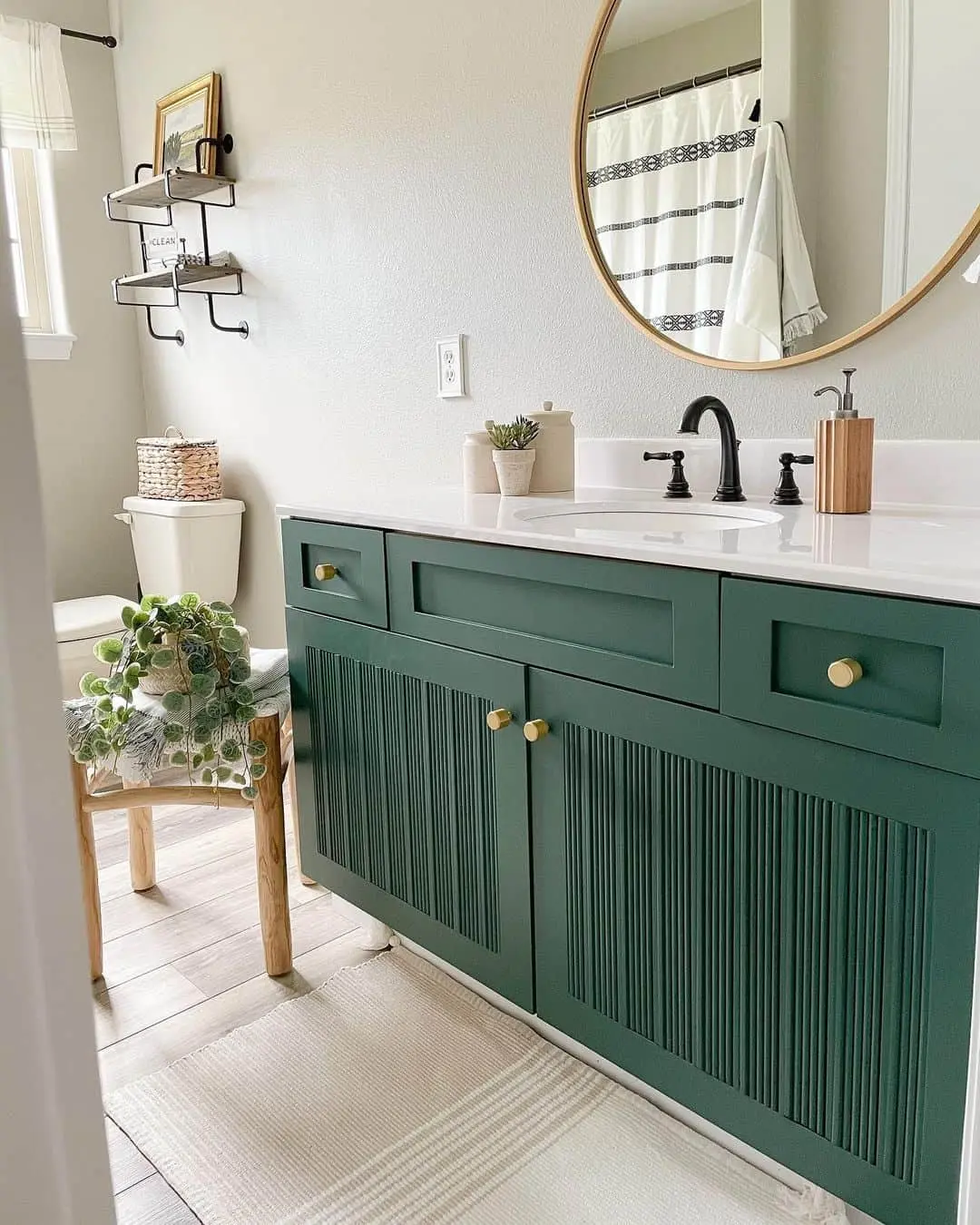 Deep Green Vanity with Vertical Ribbing Adds Subtle Dimension
