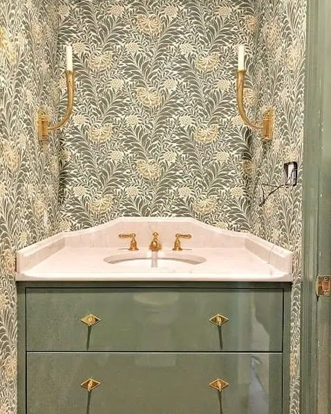 Sage Green Vanity With Diamond Pulls Adds a Retro Touch