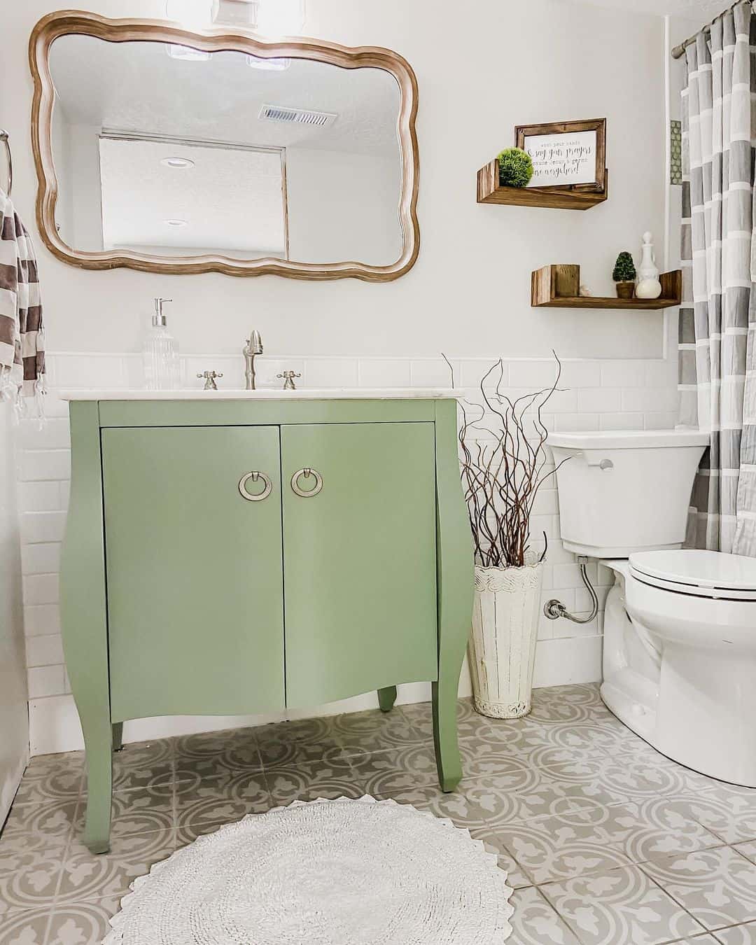 Curved Green Vanity With Ring Pulls Adds Vintage Charm
