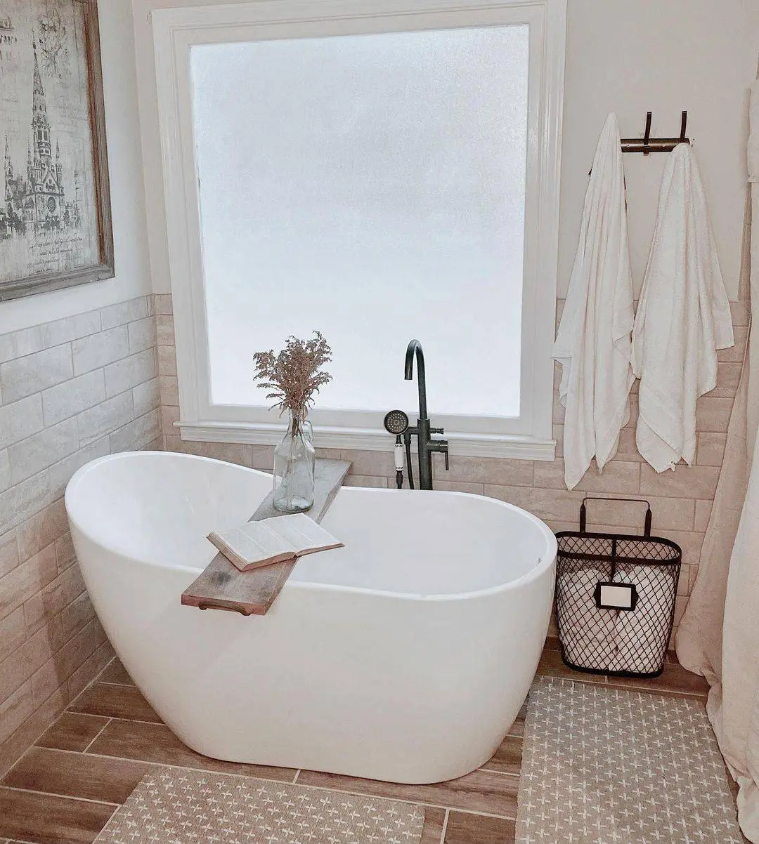 Freestanding Tub with Rustic Wooden Tray for Books and Botanicals