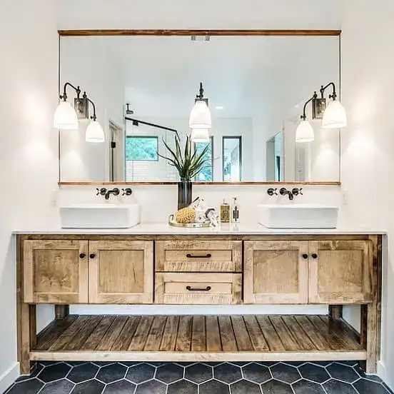 Rustic Wood Vanity With Open Slatted Shelf