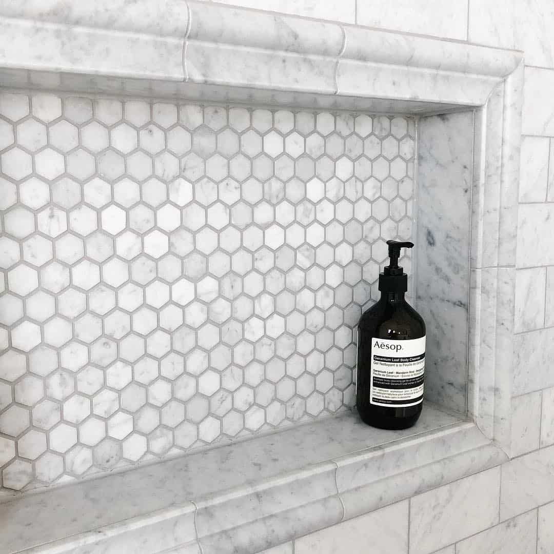 Line a Shower Niche with Small Hexagon Marble Tiles