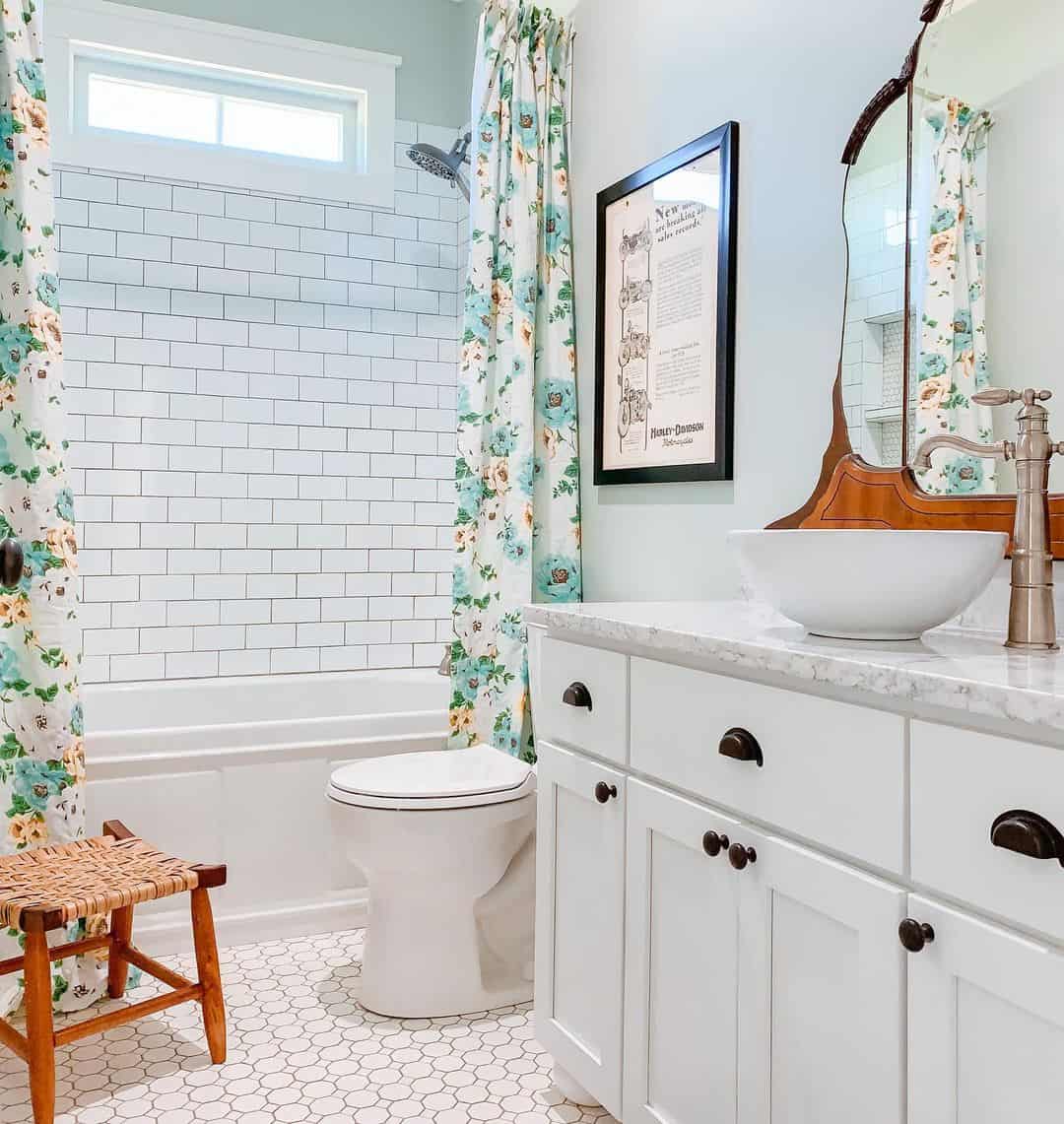 Brighten White Subway Tile Walls with a Floral Shower Curtain