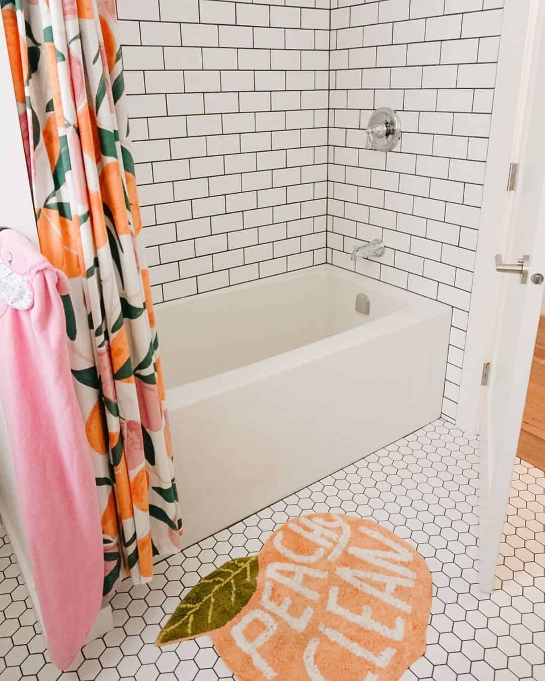 Whimsical Peach Rug Adds Playful Personality to Hex Tile Floor