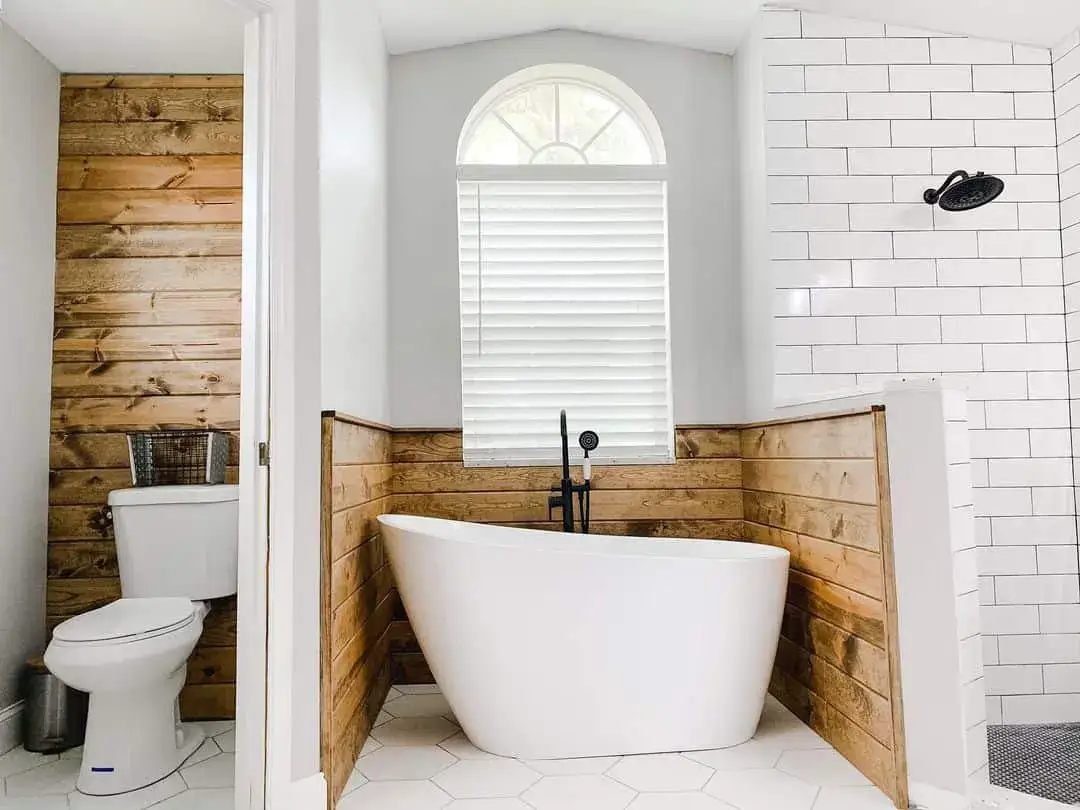 Wood Plank Wainscoting Adds Rustic Warmth to White Hexagon Tiles