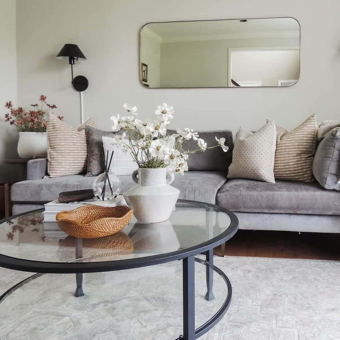 Glass Top Table with Woven Tray and Vase