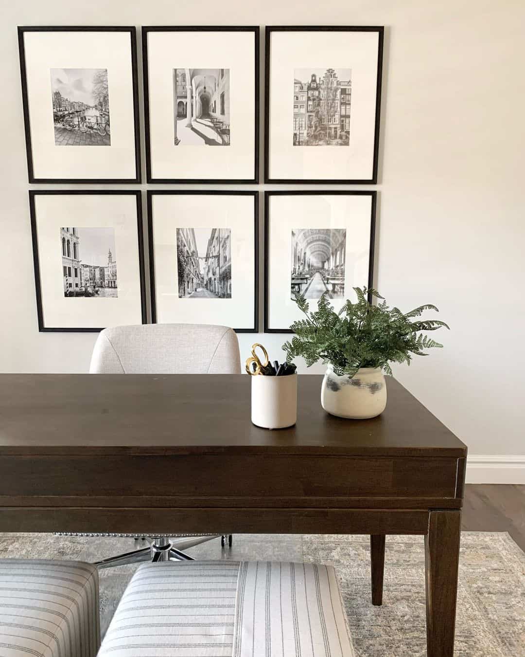 Six Black And White Architectural Prints Create a Dramatic Focal Point
