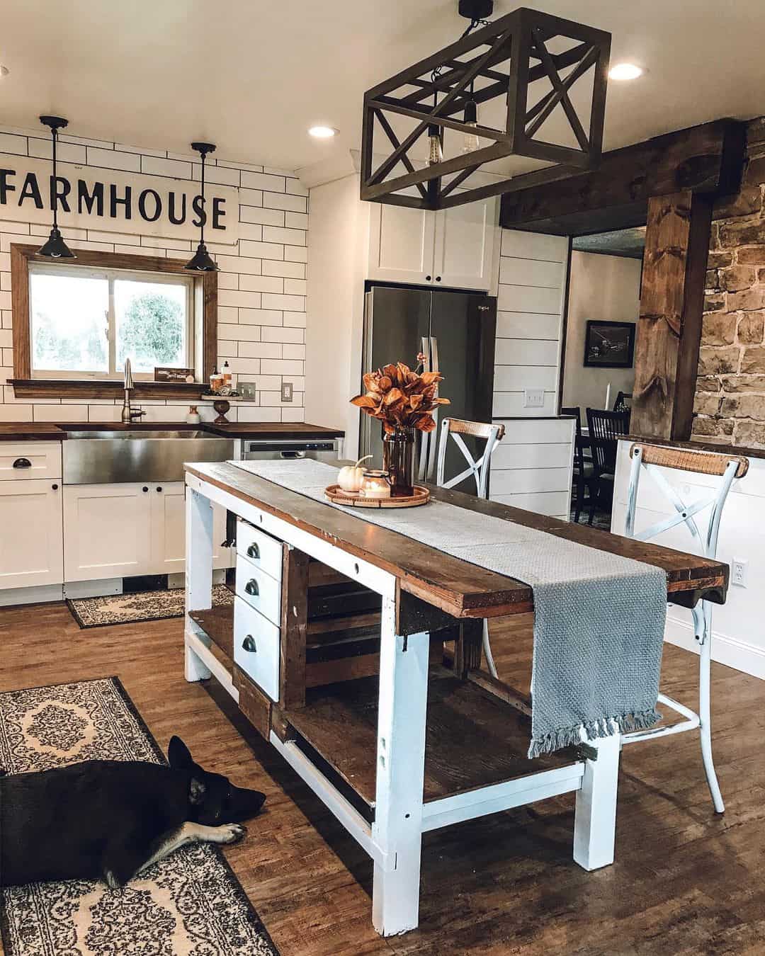 Distressed Wood Island with Built-In Drawers for Storage